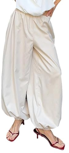 Tbahhir Womens Wide Leg Baggy Harem Pants Loose Casual Lounge Elastic Waist Palazzo Summer Barrel Trousers with Pockets Beige