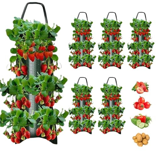KBIBCK Hanging Planter Grow Bag, 6Pcs Flower Strawberry Planter Bags, Breathable Canvas Hanging Strawberry Grow Bags for Strawberries Herbs Tomatoes Flowers