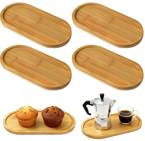 4 PCS Oval Small Wooden Tray, Wooden Soap Dispenser for Bathroom Counter Top, Small Tea Tray for Tea, Coffee, Cakes, Succulents, Desserts, Bread, Fruits.