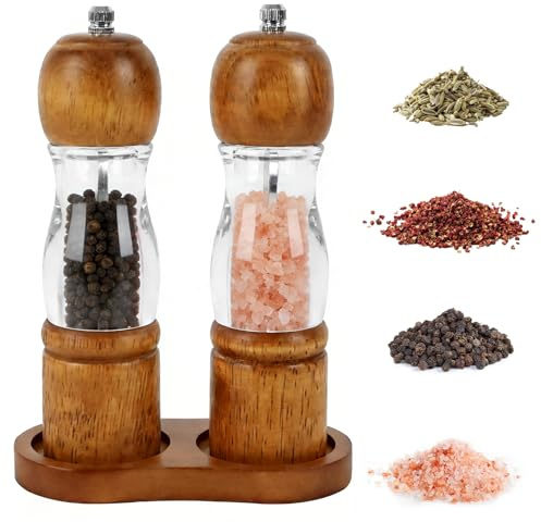 Salz und Pfeffermühle Holz, Salz und Pfeffermühle Set mit Tablett & Keramikmahlwerk, Manuelle Pfeffer Salzmühle mit Untersetzer für Gewürze Pfeffer, Geschenke Geburtstagsgeschenk für Frauen Mama