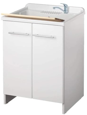 Negrari Magica 2009 Lavatoio Bianco 60x45 H85 cm Mobile Nobilitato Idrofugo Vasca Termoformatura Polipropilene Asse Legno Cerniere Chiusura Rallentata Salvafondo Alluminio Sifone Piletta Piedini