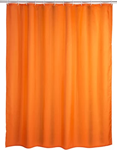WENKO Anti-mögel duschdraperi uni orange – anti-bakteriell, textil, tvättbar, vattenavvisande, mögelresistent, med 12 duschdraperiringar, polyester, 180 x 200 cm, orange