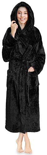 PaVILIA Damen Bademantel mit Kapuze, flauschig, warm, Fleece, Sherpa-Zottel-Bademantel - Schwarz - Small / Medium