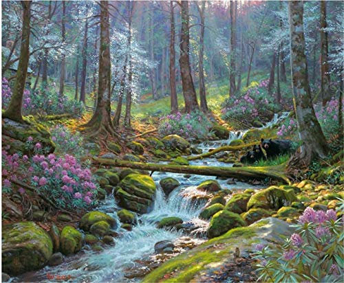 YEESAM ART DIY Ölgemälde Malen nach Zahlen Erwachsene Kinder, Blumen Bach Grün Wald Wunderland Zahlenmalerei ab 5 Öl Wandkunst (Wald, ohne Rahmen)