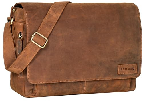 STILORD Rick Schultertasche Leder für 15,6 Zoll Laptop Umhängetasche Aktentasche Bürotasche Unitasche Büffel-Leder Farbe:Cognac - Hellbraun