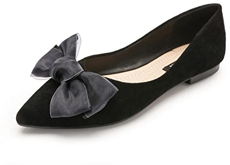 MACHSWON Womens Ballet Flats Pointed Toe Bow Faux Suede Ladies Black Slip On Ballet Pumps Dolly Shoes(Black-1, Size 6)