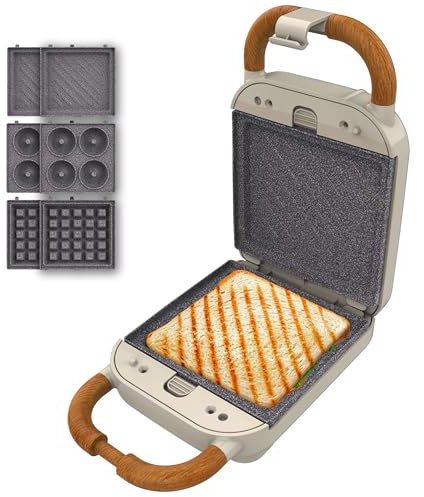 Cecotec Sandwichera Rock'Ntoast Retro One Beige. Tres Placas Intercambiables, Diseño Retro, Revestimiento Rockstone, 700W, Indicador Luminoso, Base Antideslizante, Asa de Tacto Frío, Pinza de Cierre