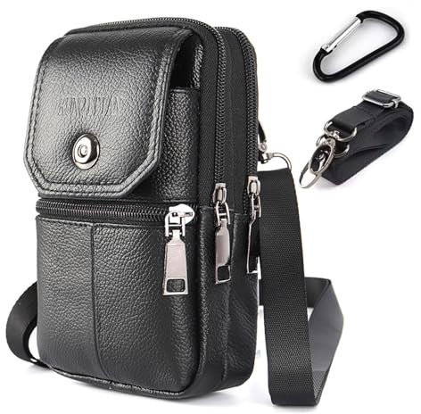 Cintura Marsupio Uomo Tracolla Borsa - Pelle Custodia Porta Cellulare per Portafoglio Kit Phone Pouch - Piccolo Accessori Borsello Moschettone Smartphone Lavoro Trekking