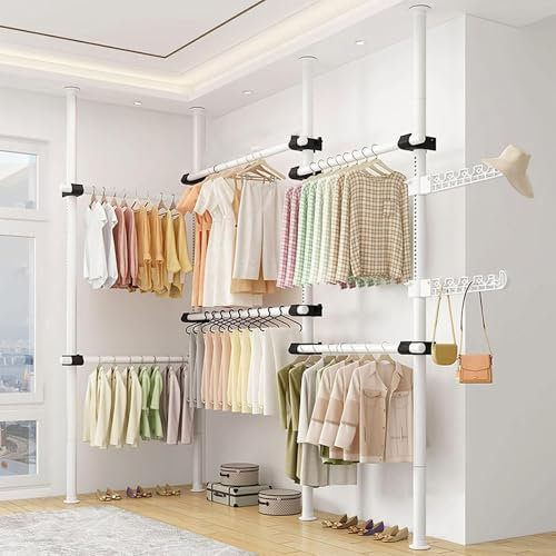 Garderoben Teleskop System, begehbarer kleiderschrank System, Teleskop-Kleiderschrank vom Boden bis zur Decke Multifunktions, Höheverstellbar 110-310cm, bis 60 kg/Stange(White,B)
