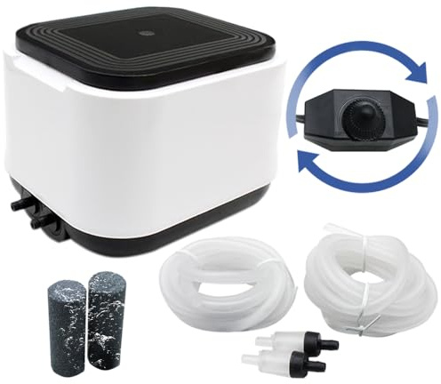 YQMIGU Small Aquarium Air Pump Quiet for Fish Tank 300 Gallon,2 Air Outlets Silent Powerful Adjustable Aerator Pump for Livewell 190GPH 5W, Including Cylindrical Air Stones, Tubing, and Check Valve