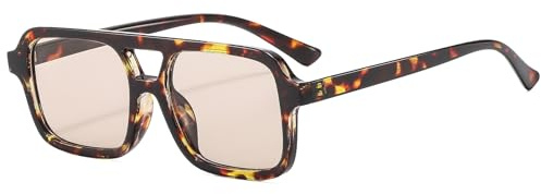 Long Keeper Gafas de Sol Cuadradas de Piloto de los años 70 para Mujeres y Hombres, Gafas de Sol Rectangulares Retro, Gafas Doble Puente Pequeñas de Vintage (Leopardo Marrón Claro)
