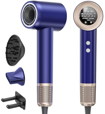Secador Pelo Profesional con Difusor y Boquillas, 59 dB de Ruido Bajo Secador Pelo Ionico, Motor Sin Escobillas de 160.000 RPM, Hair Dryer con 4 Temperaturas y 2 Velocidades, Azul