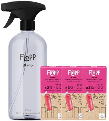 Flopp Limpiador de Baños Eco - Desincrustante - Eficaz contra la cal - 3L Pack Botella 500 ml x 6 recambios solubles - Formato ultraconcentrado - Ecolabel & Certificación Vegan - Multiusos
