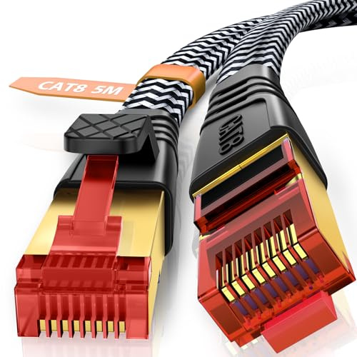 Gulemfy Cat 8 Câble Ethernet 5m, Câble RJ45 Internet, Réseau Super Débit 40Gbps 2000MHz Haut Débit S/FTP, Câble LAN Plat Nylon Tressé Compatible avec Routeur Switch TV Box Internet (5M)