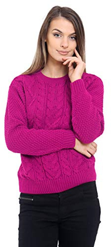 TOP VENDOR Ladies Cable Knitted Crew Round Neck Long Sleeve Womens Jumper Sweater Size 8-14 [Fuschia,SM]