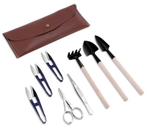Bonsai Set 8 Pcs - Include Pruner, Fold Scissors, Mini Rake, Bud & Leaf Trimmer Set by ZELARMAN