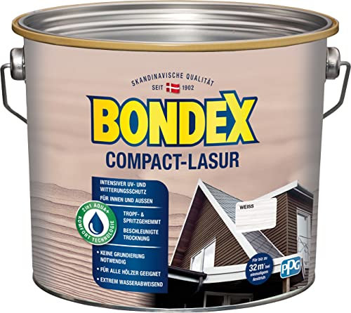 Bondex Compact Lasur WEISS 2,5 L für 32,5 m² | Wasserbasierte Holzlasur | Intensiver Wetter- und UV-Schutz | 2 in1 Aqua + Komfort Technologie | Streichen ohne Grundierung | Seidenmatt | Geruchsarm