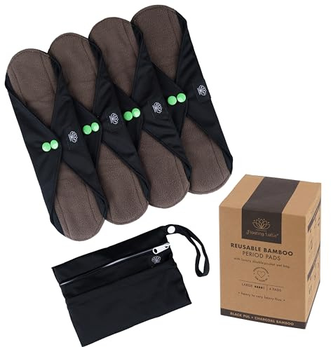 FLOATING LOTUS Reusable Sanitary Pads (4pk Large: Medium to Very Heavy Period Flow) - Black Washable Bamboo Menstrual Towels, inc Waterproof Bag