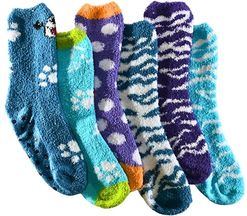 Tipi Toe Women's 6-Pairs Cozy Microfiber Anti-Skid Soft Cyan Purple Teal Colored Leopard Animal Patterned Fuzzy Crew Socks, FZ46-T1