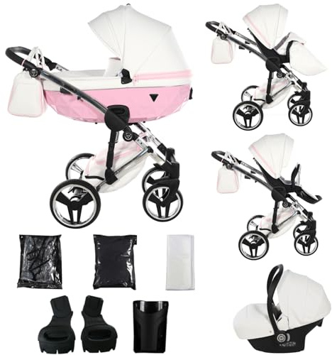 Junama Kinderwagen Candy White 2in1 3in1 4in1 (01 - Weiß und Rosa, 3in1 mit Autositz)