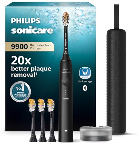 Philips Sonicare DiamondClean 9900 Prestige Electric Toothbrush, with SenseIQ Technology and App, 5 Brushing Modes, 3 Intensity Levels, Charging Travel Case, Black, Model HX9992/43