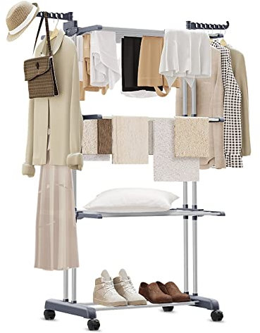 ANYVOYAGE Foldable Drying Rack with 18m Drying Space – Heavy-Duty Indoor/Outdoor Clothes Airer, 3-Tier Expandable Design, 14 Hooks & 40KG Capacity, Rustproof for Garment Protection