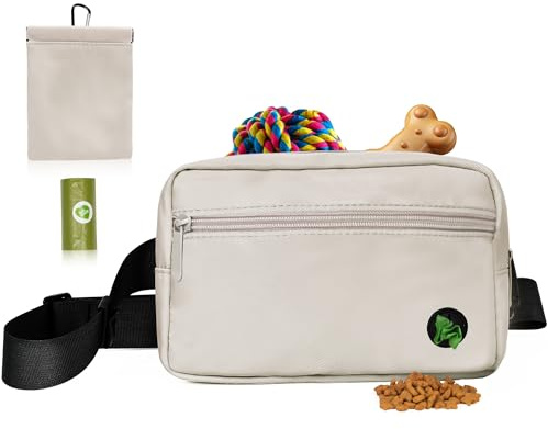RZMAYIS Leckerli-Tasche für Hundetraining, Gassi gehen, Bauchtasche mit Kotbeutelspender, Hüftgürteltasche mit Karabiner, beige, 8.66 x 5.9 x 2.55 inches