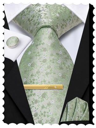 Hi-Tie 177,8 cm extra lange Krawatten für Herren, Seide, Herren, lange Krawatten und Einstecktuch, Manschettenknöpfe, Clipnadel-Set, Krawatte für Business, Helles Salbeigrün, M