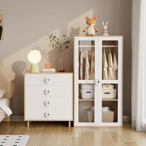 Armoire pour enfant - 80 x 50 x 150 cm - Armoire à deux portes en verre avec tringle à vêtements et étagères coulissantes - Poignées en bois en forme de biscuits - Blanc + bois naturel, panneau laqué