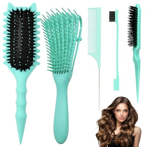 5PCS Curly Hair Brush Set, Brush for Curl Defining and Styling, Green Cat Ear Comb Kit for Thick Hair, for Detangling Brush and Defining Tools, for Long and Short Hair