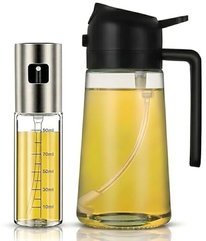 KAMSON Spruzzatore Olio 2 in 1 470ml + 100ml – Dosatore Spray in Vetro per Cucina, Air Fryer, Insalate e BBQ