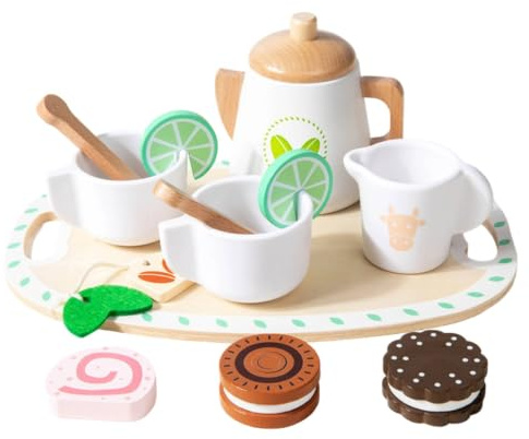 Xgdsnly Set da Tè in Legno Tinta Tenue Servizio da Tè Giocattolo Educativo Gioco di Ruolo per Bambini, Bambine , Bianco