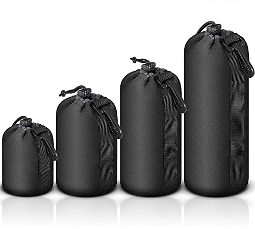 Selens 4 Pcs Neopren Objektivtasche Objektivbeutel Köcher schützenden | für DSLR Kamera Objektiv Schwarz Weiche Kameratasche mit Kordelzug