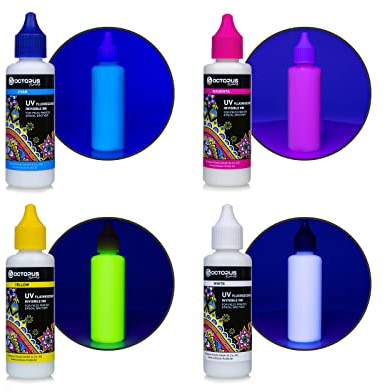 Octopus Fluids UV-Tinte kompatibel mit Epson/Brother, 4 x 50 ml | Unsichtbare fluoreszierende Inkjet-Tinte für Piezo-Druckköpfe, Set mit Weiß, Cyan, Magenta und Gelb