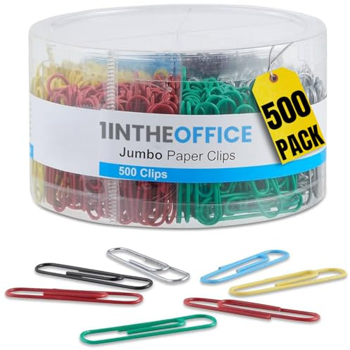 1InTheOffice Jumbo Paper Clip, Vinyl Coated Smooth Large Paper Clips 500 Pieces (Assorted Brights)