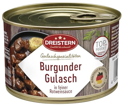 DREISTERN Burgundergulasch 400g I Mit Rindfleisch & Rotweinsauce I Herzhaftes Fertiggericht in recyclebarer Konservendose I Lange Haltbarkeit dank natürlicher Konservierung I Hausmacher Qualität