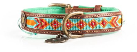 Dog with a Mission - Hundehalsband L | Farbenfroh Türkis, Orange mit Perlen | Boho, Ethno, Ibiza, Hippie | Große Hunde | Handgemacht | Modisch und Bunt | Aus weichem Echtes Leder | 2,5 cm Breit