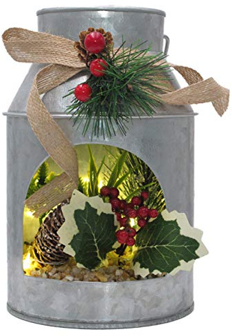 Deko-Milchkanne aus Metall, mit Herbst- / Winterdeko, LED beleuchtet, Ø 12,7 cm, 19,8 cm hoch