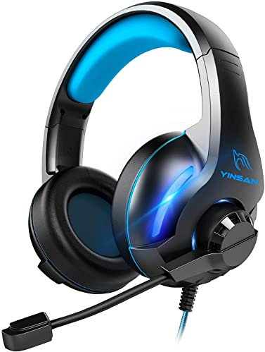YINSAN Cuffie Gaming con Microfono per PS5 PS4 PC Xbox One Nintendo Switch Xbox, Cuffie da Gioco Cablate Over Ear con Cancellazione del Rumore, Stereo Bass Deep, LED Luce, Leggero, Blu