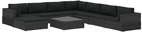 9-delige Loungeset met kussens poly rattan zwart