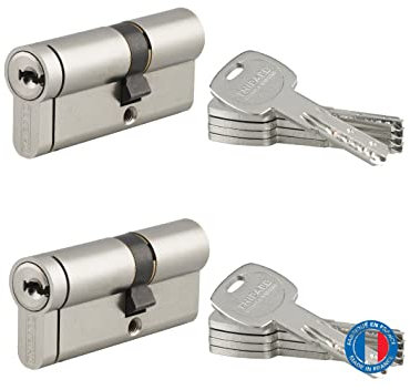 THIRARD - Cylindres de Serrure Double Entrée Haute Sécurité - Laiton Nickelé - Anti-Perçage - 8 Goupilles - Ø 30 x 40 mm - Gris - Lot de 2-5 Clés Réversibles avec Carte de Propriété