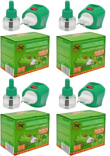 Plug-in Mosquito Repellent Insect Killer for Home & Travel Lasts for up to 45 Nights per Refill | Each Pack Includes a Plug and one Bottle for Long Lasting Performance | (4, 4 Pack)