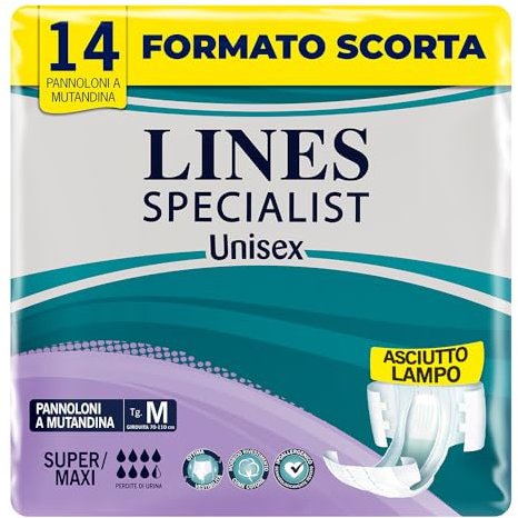 Lines Specialist Unisex Pannoloni a Mutandina Super Maxi, per Incontinenza Donna e Uomo, Asciutto Lampo e Ottima vestibilità, Zero Odore, Taglia M, 2 Confezioni da 14 Unità