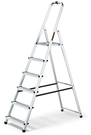 Drabest Scala Domestica in Alluminio a 6 Gradini Portata 125kg - Scaletta con Guida di Sicurezza e Piattaforma per Scale da Lavoro - Scale Multiuso - Scaletta a 6 Gradini - 48x191x12cm
