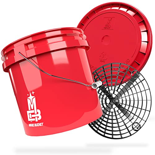 Magic Bucket Car hand wash bundle, wash bucket with matching bucket lid, 3.5 US gallonen, approximately 13 Litres with Grit Guard Bucket Insert Dirt Strainer Wash Set Red/Black