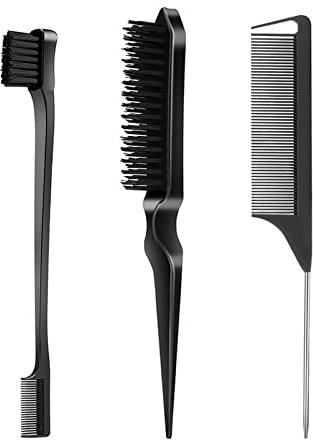 SWEET VIEW 3 Pcs Slick Back Hair Brush Set with Edge Brush, Bristle Brush, Rat Tail Comb, Teasing Brush Set for Smoothing Baby Hair & Flyaways - Black