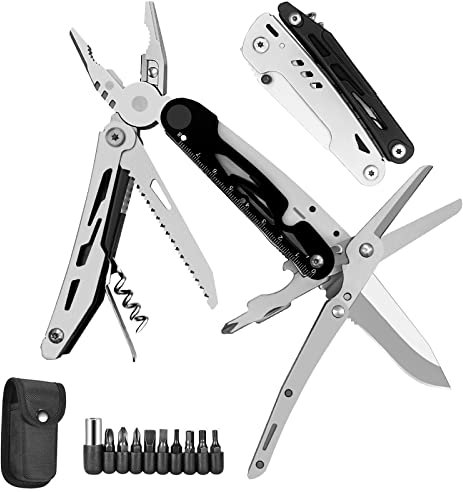 HONZIN Pince Multifonction 12 en 1, Outil Multifonction en Acier Inoxydable, Ciseaux Pliants Amovibles, Camping Pince Multifonction, avec Gaine en Nylon