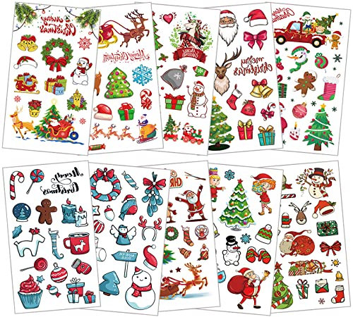 ACWOO tillfälliga jultatueringar för barn, 10 ark julvattentäta falska tatueringar, klistermärken för julklockan Snögubbe Älgöverföringstatueringar för julklapp Festpåsar Dekoration