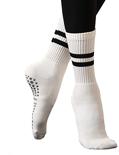 FASECKS Antislip-yogasockor, halkfria långa strumpor för pilates, barre, kampsport, dans för kvinnor, Vitt, one size