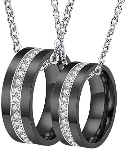 Homxi Ringe Partner Kette,Kette Edelstahl mit Anhänger Paar Ringe und Kette 8MM Schwarz Ring mit Rund Zirkonia Halskette Damen 50cm Herren Halskette 60cm